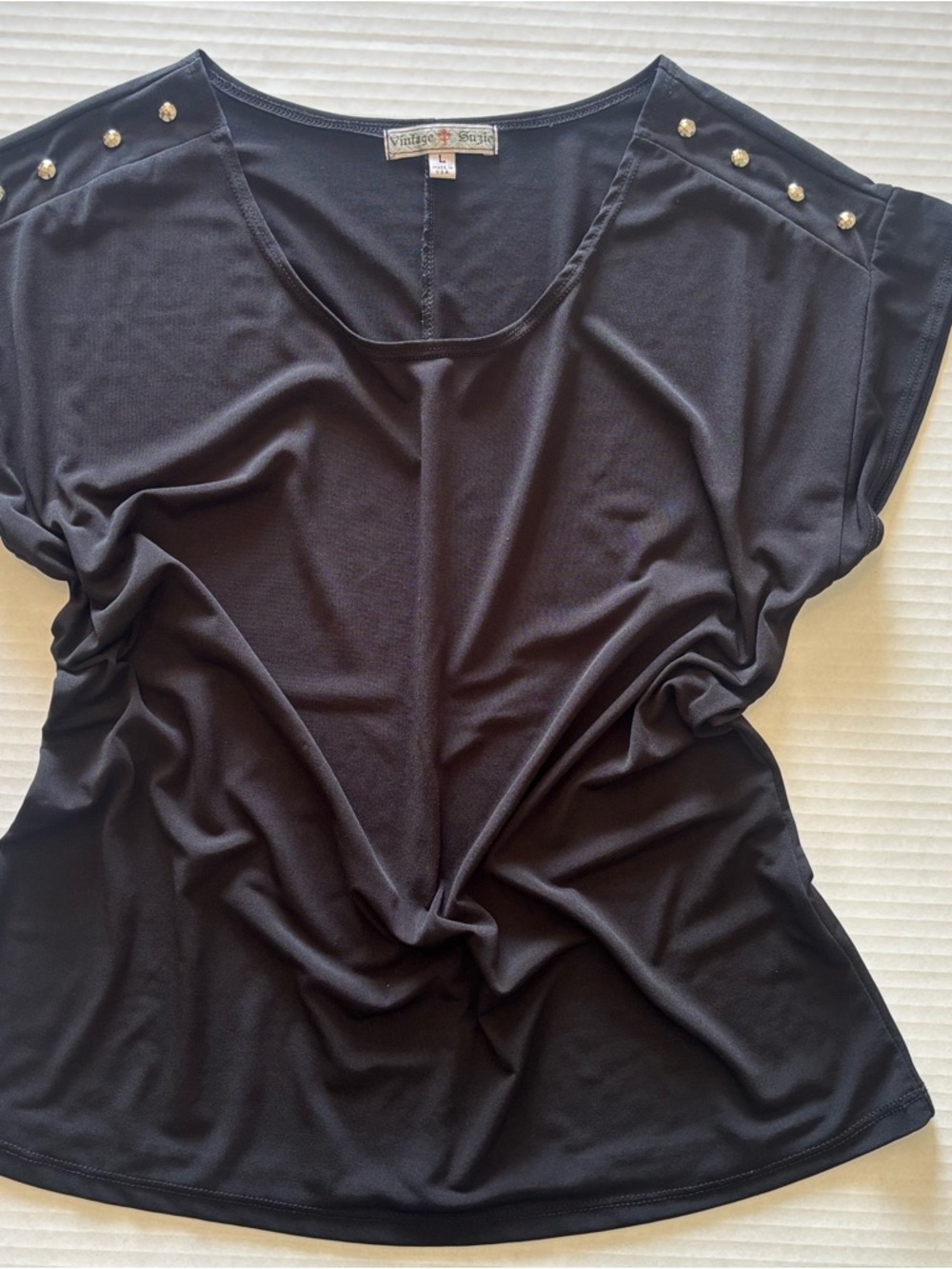 Vintage Suzie Black Short Sleeve Top with Silver Shoulder Studs L